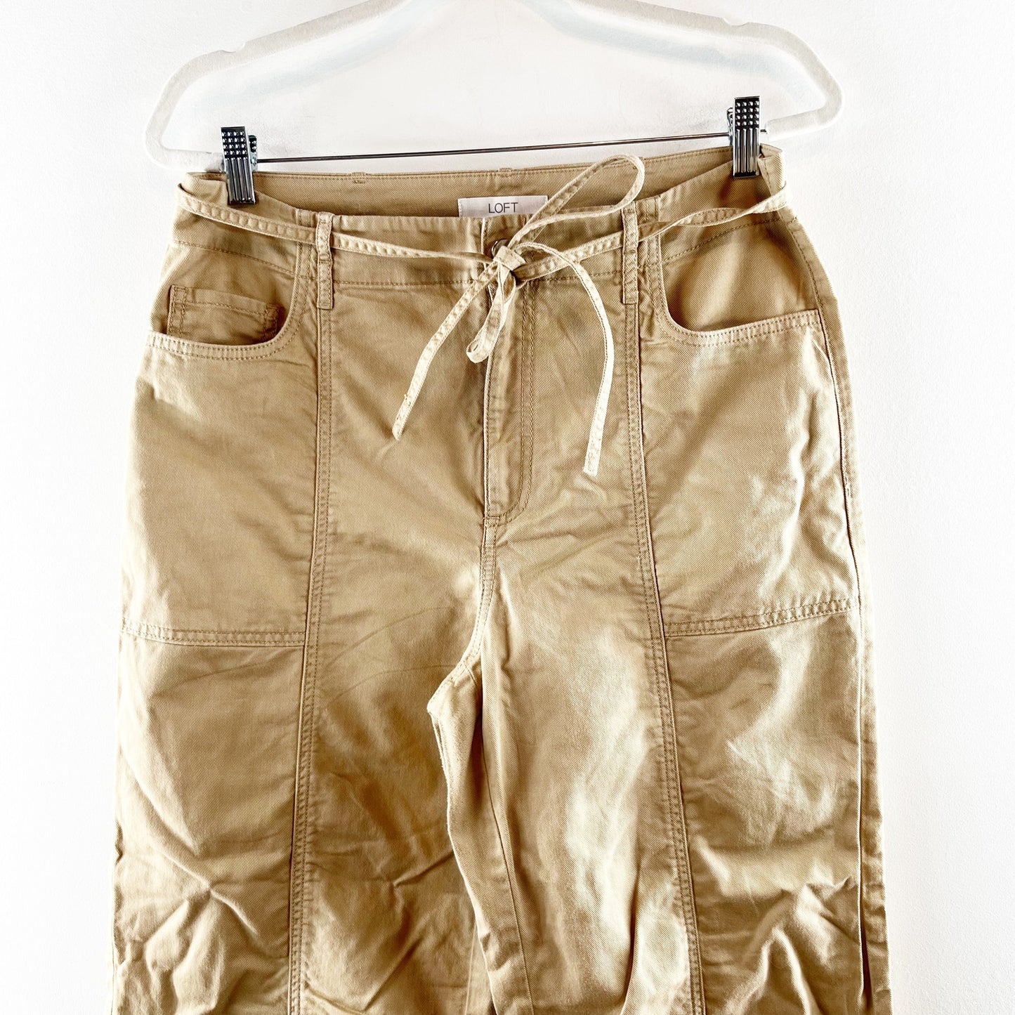 LOFT High Rise Belted Stovepipe Wide Leg Trouser Khaki Pants in Twill Tan 10
