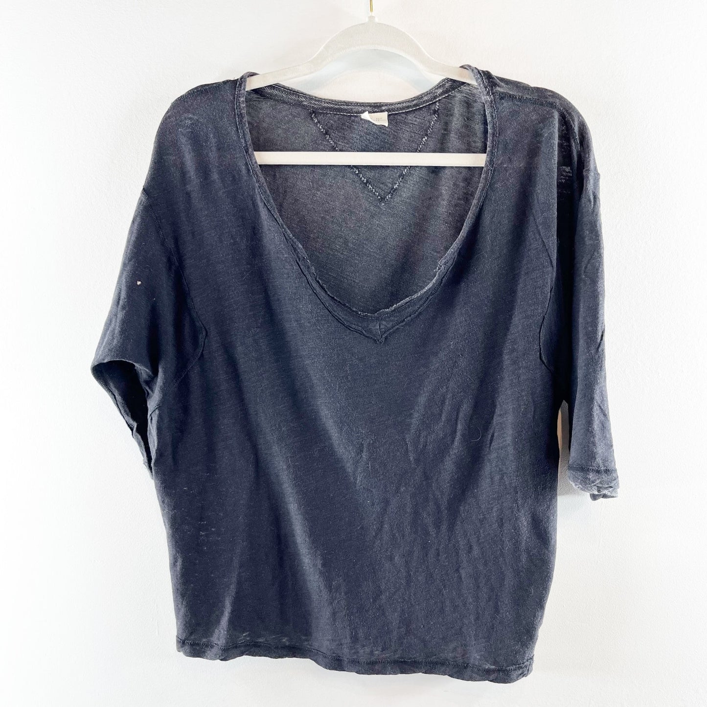 Free People Short Sleeve V Neck Linen Tee Shirt Top Black Small
