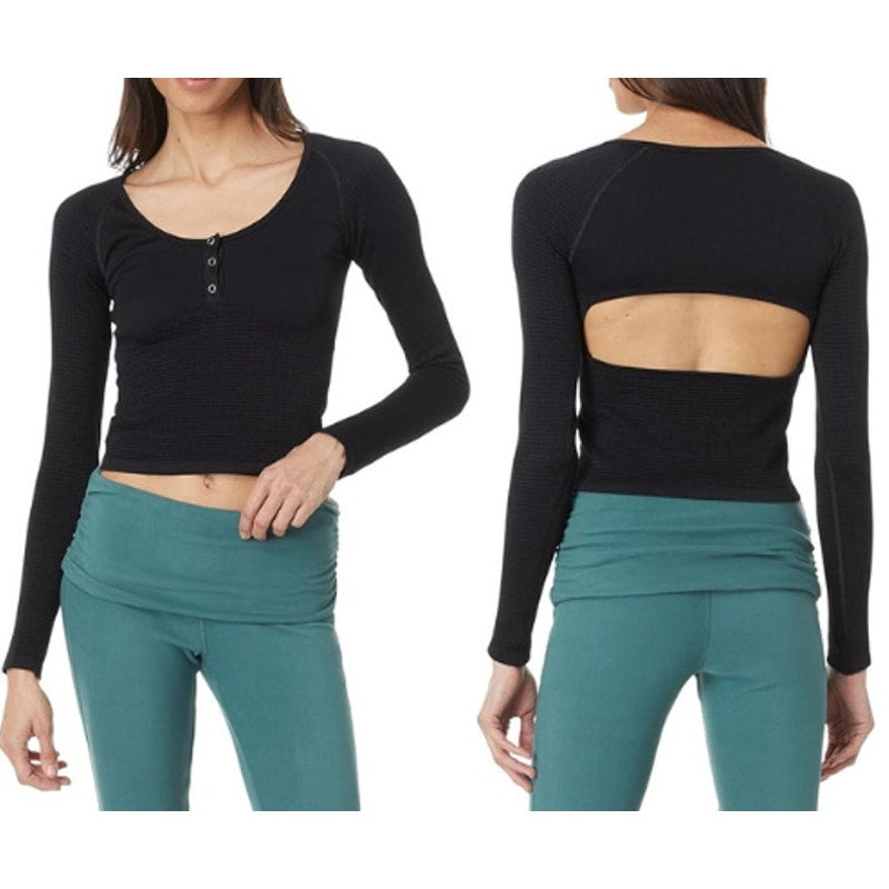 Free People Movement Bail Out Long Sleeve Cut-Out Back Top Black Medium Large