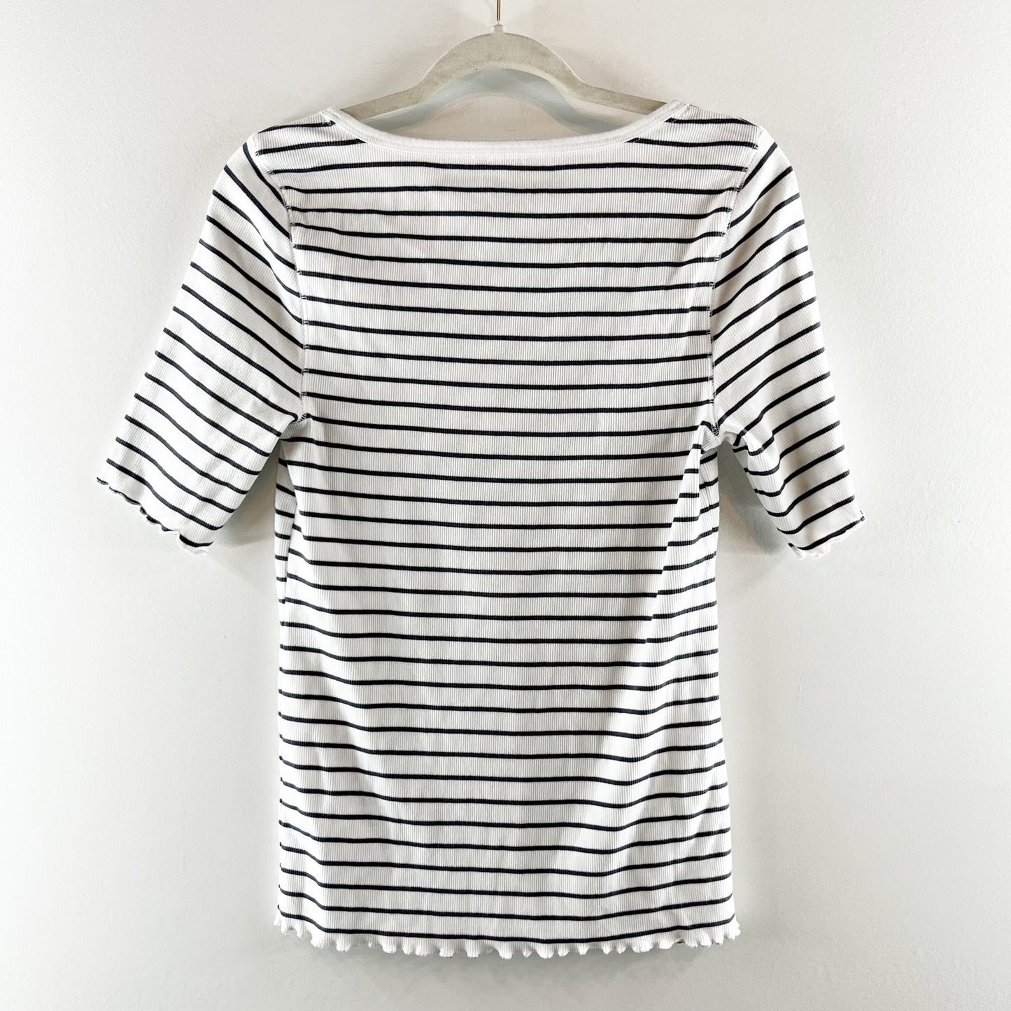 Sundance Cotton Striped Short Sleeve Scoopneck Henley Tee Shirt White Blue Small