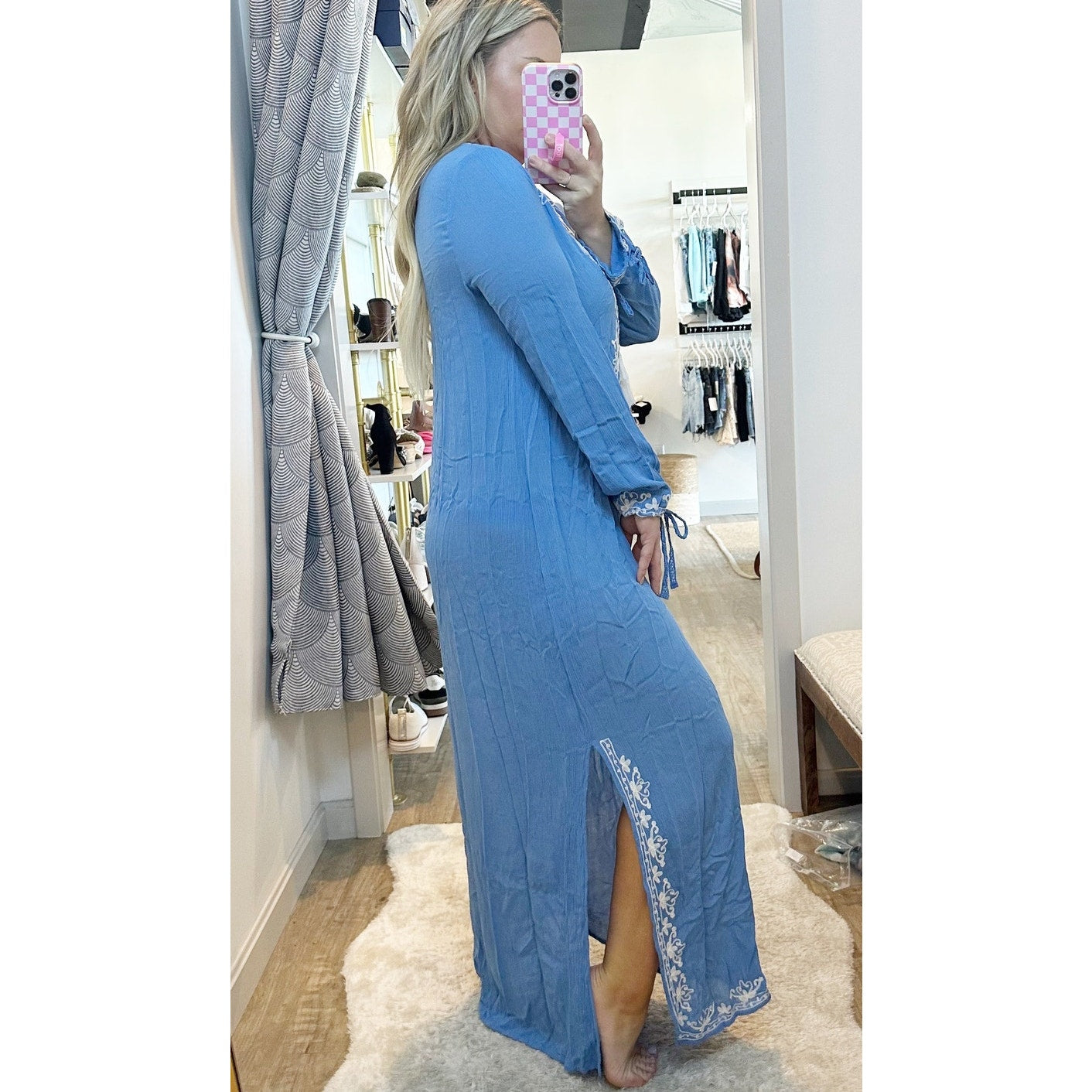 Rise and Bloom Embroidered Long Sleeve Tie Neck Maxi Dress Blue Medium