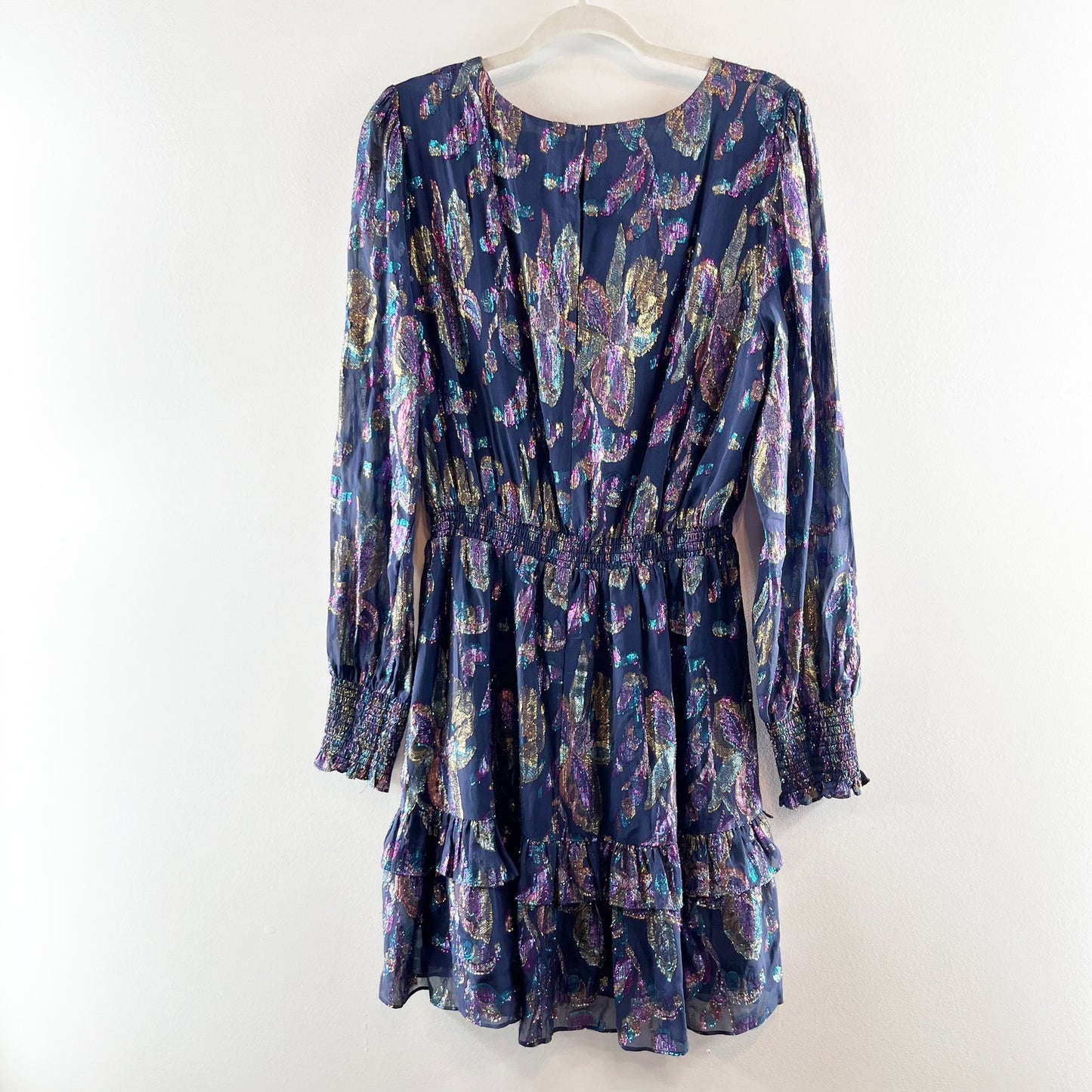 Lilly Pulitzer Dotti Long Sleeve Floral Ruffle Hem Metallic Mini Dress Blue 14