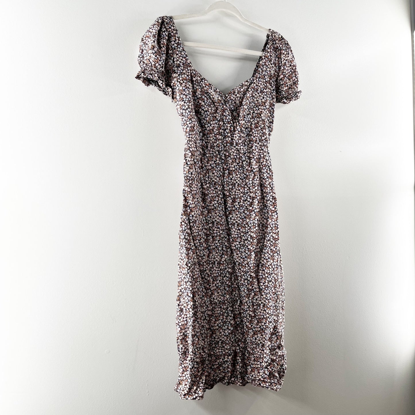 Billabong Floral Sweetheart Neckline Short Sleeve Midi Dress Brown XS