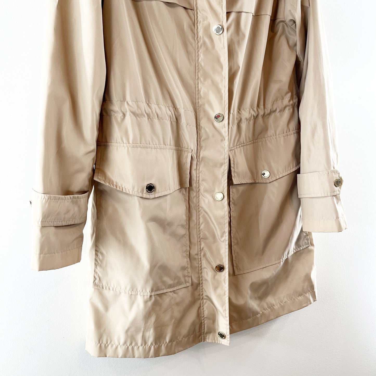 Michael Kors Hooded Longline Utility Trench Raincoat Jacket Tan Small