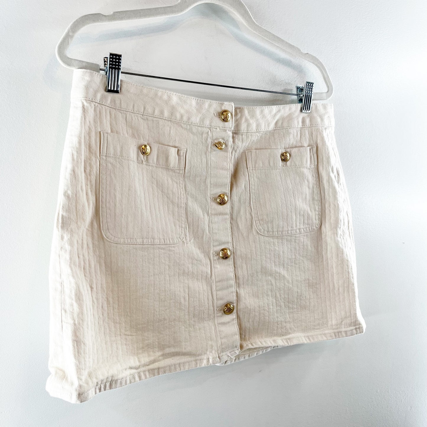 J. Crew Textured Denim Mini Skirt Gold Buttons Ecru Cream 31 / 12