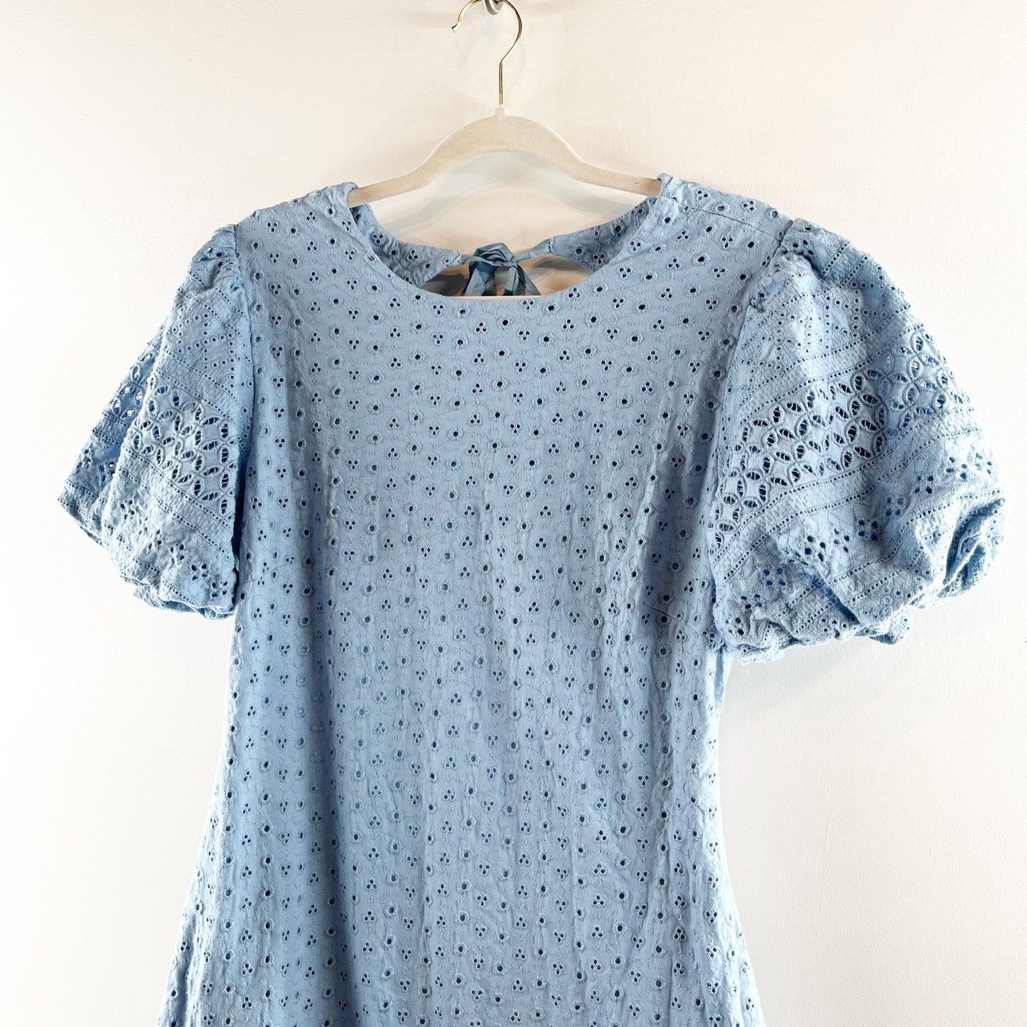 Free People Apricot Rose Puff Short Sleeve Eyelet Lace Mini Dress Blue Large