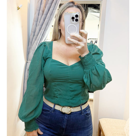 Abercrombie & Fitch Long Sleeve Sweetheart Neck Smocked Back Corset Top Green L