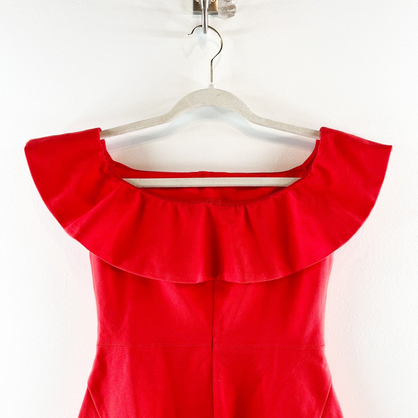 Babaton by Aritzia Emry Off The Shoulder Ruffle Trim Bodycon Mini Dress Red US 4