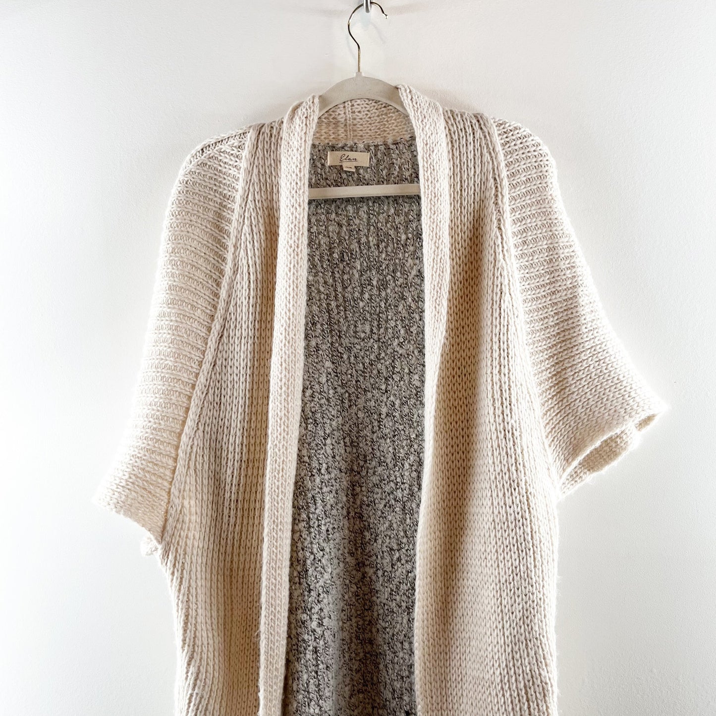 Elan Colorblock Short Sleeve Open Knit Sweater Cardigan Beige Gray One Size