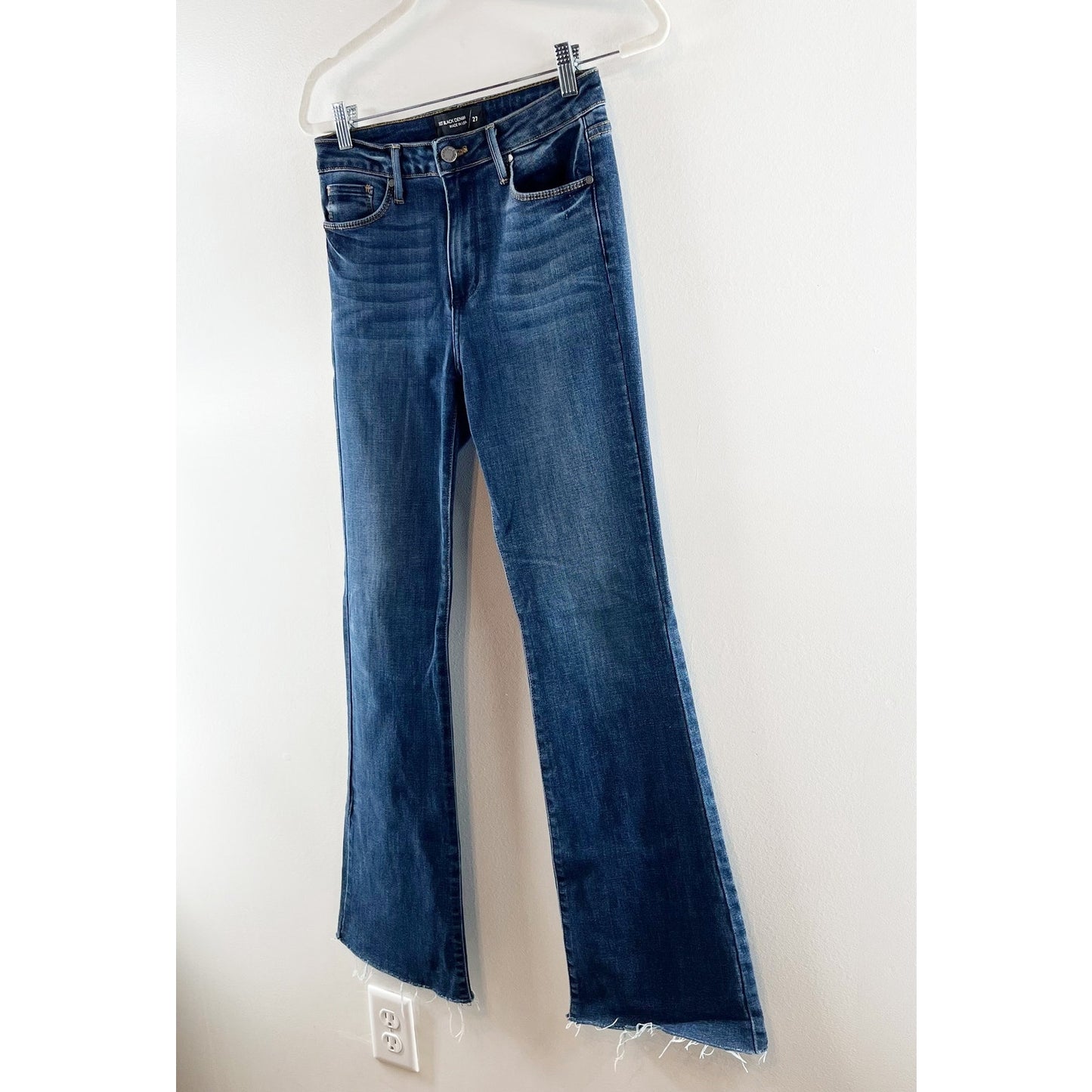 Just Black Denim The High Rise Fall Flare Raw Hem Dark Wash Jeans Blue 27