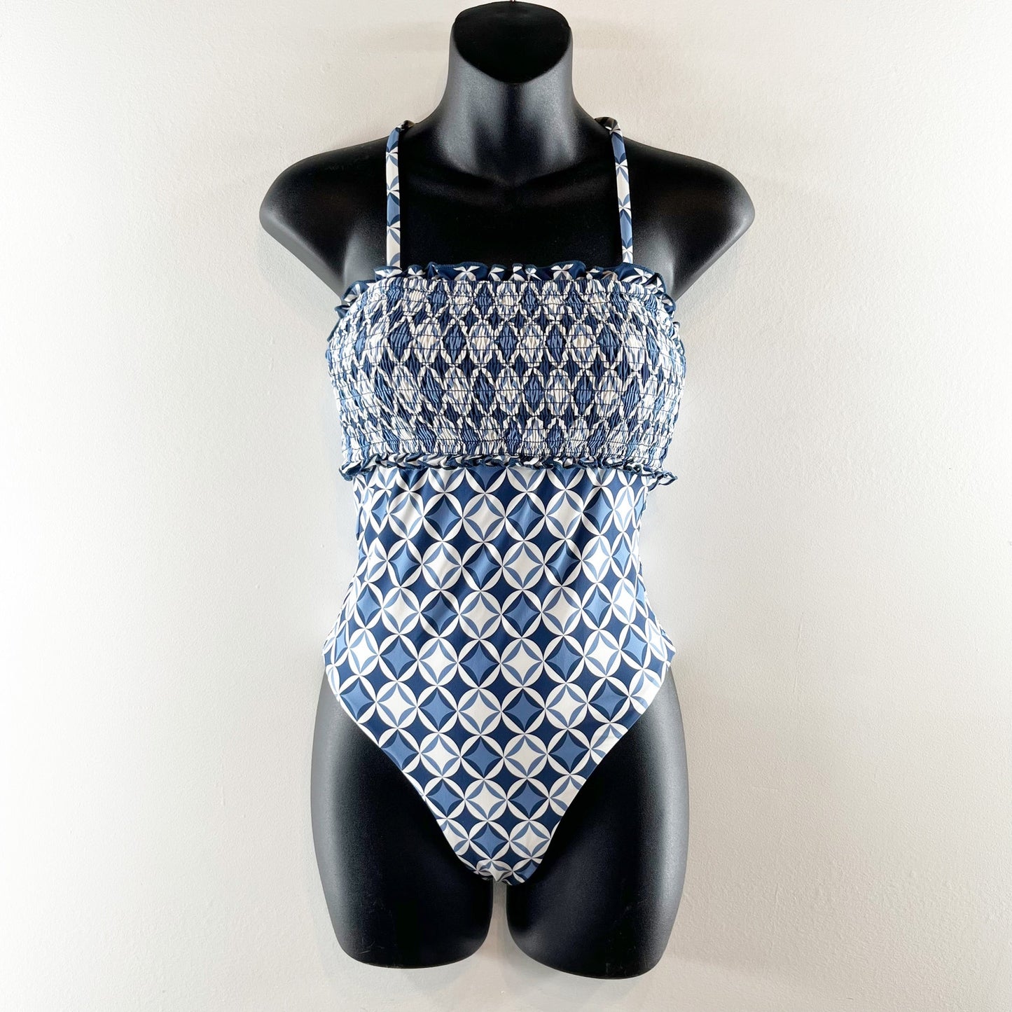 Anthropologie Iris Geometric Smocked Halter One-Piece Swimsuit Blue Small