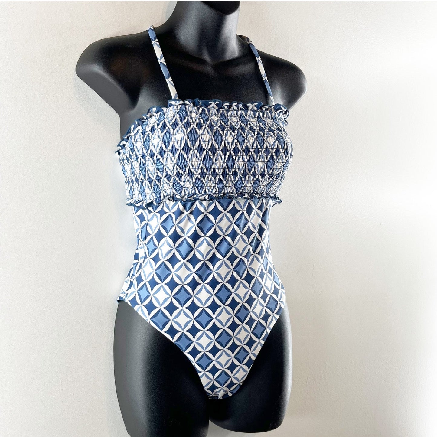 Anthropologie Iris Geometric Smocked Halter One-Piece Swimsuit Blue Small