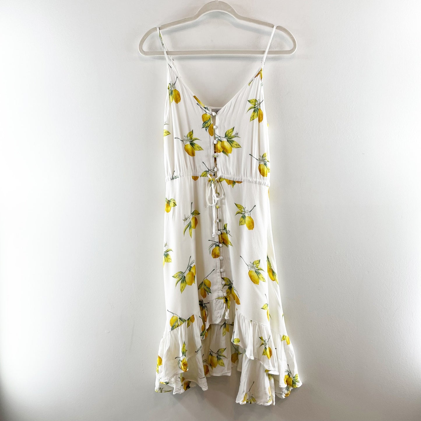 Rails Frida Citronnade Lemon Print Ruffle Hem Hi Low Midi Dress White XS