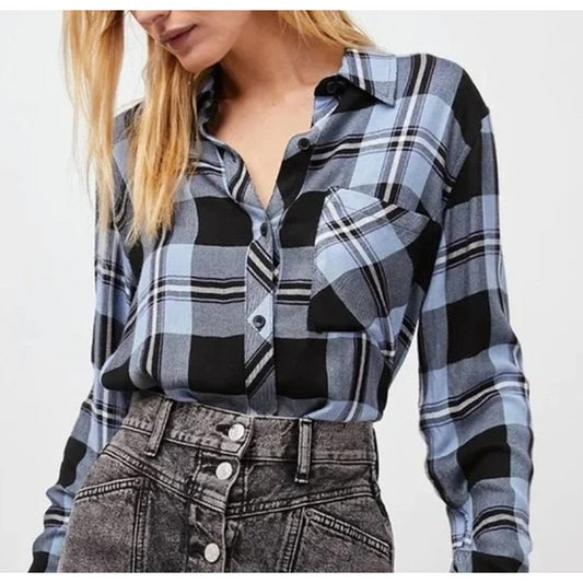 Rails Hunter Long Sleeve Flannel Plaid Button Down Shirt Current Onyx White M