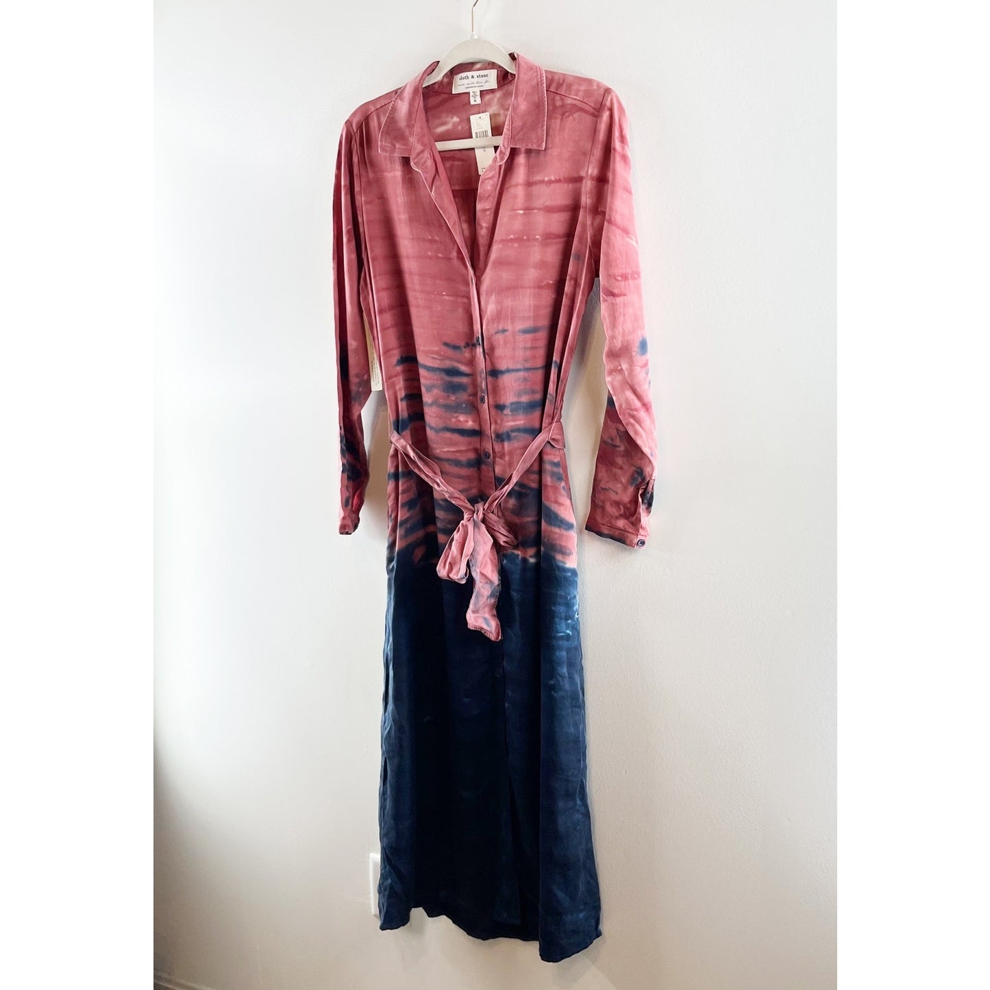 Cloth & Stone Claudia Tie Dye Long Sleeve Maxi Shirtdress Red Blue Medium