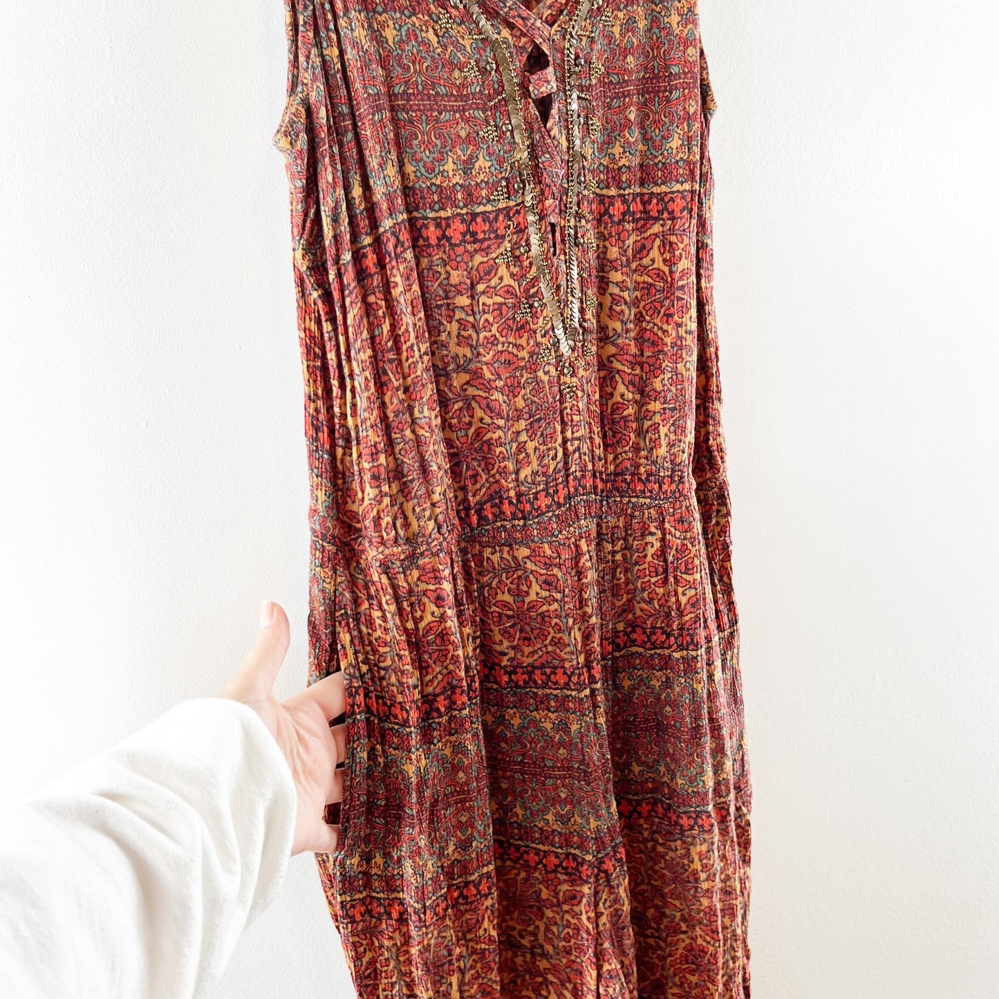 American Eagle Wide Leg Boho Print One Piece Sleeveless Jumpsuit Red Orange M