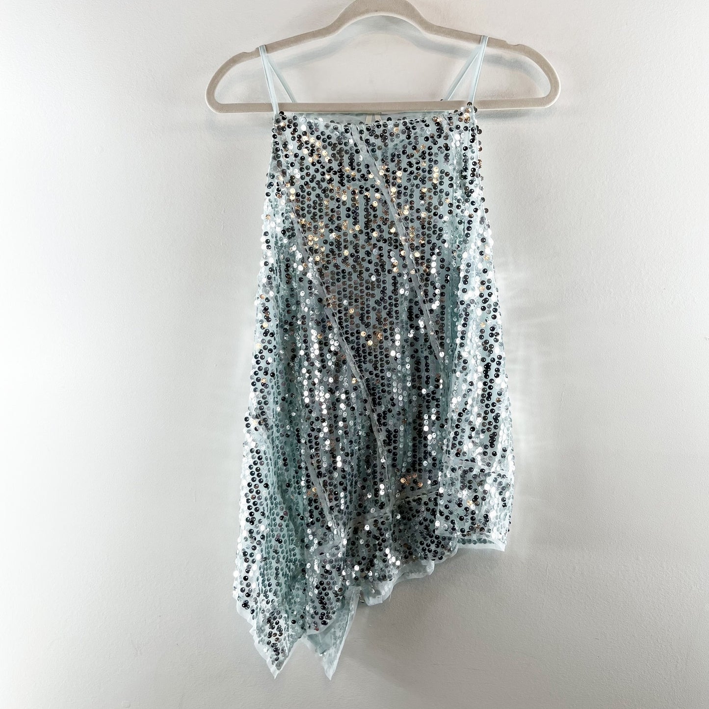 Anthropologie Sequin Square Neck Asymmetrical Hem Tank Top Blue XL