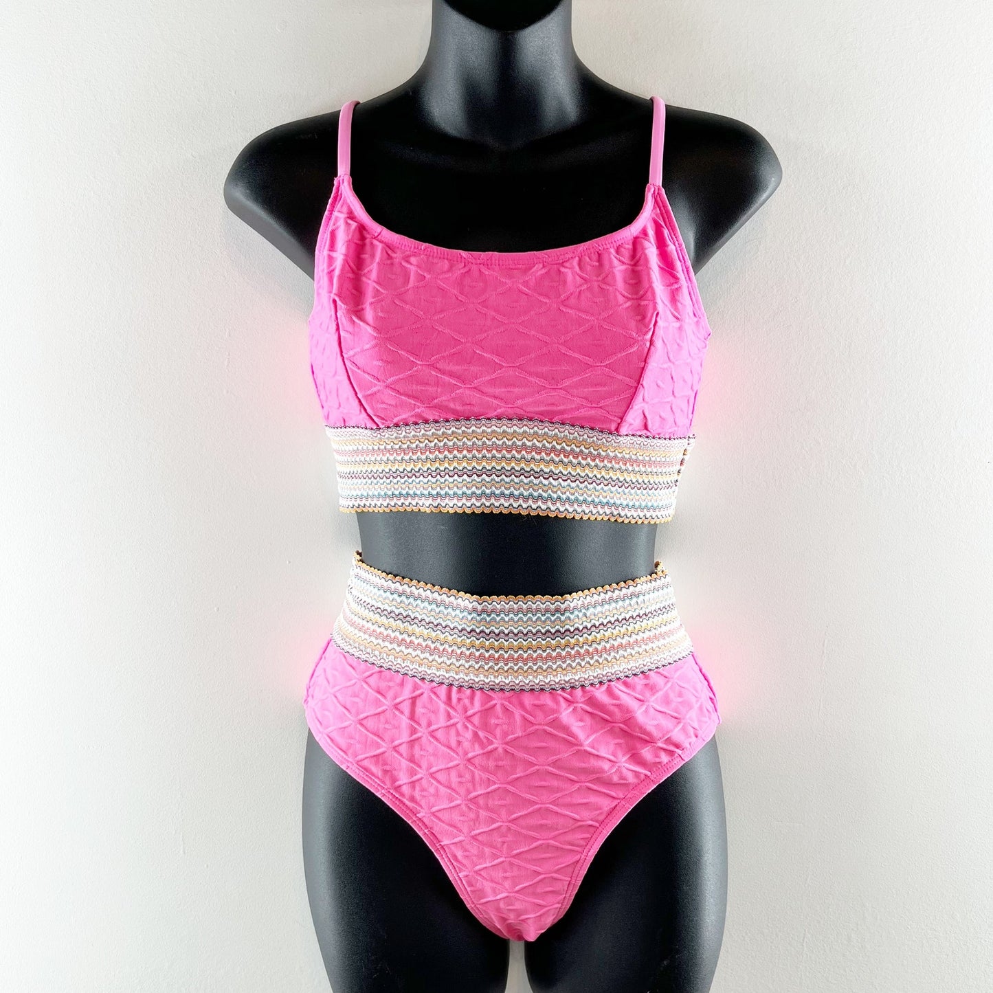 CUPSHE Geo-Stitch Scoop Bralette High Waist Bikini Set Pink Medium