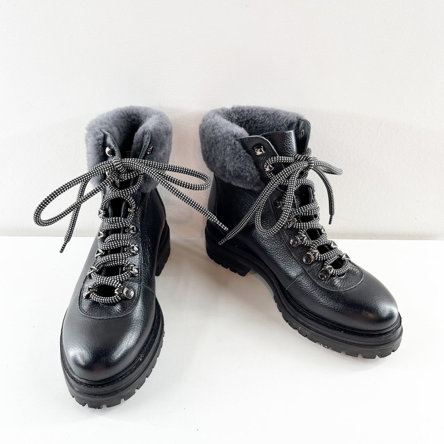 M Gemi Alpi Lace Up Ankle Combat Boots Shearling Faux Fur Trim Black 7.5