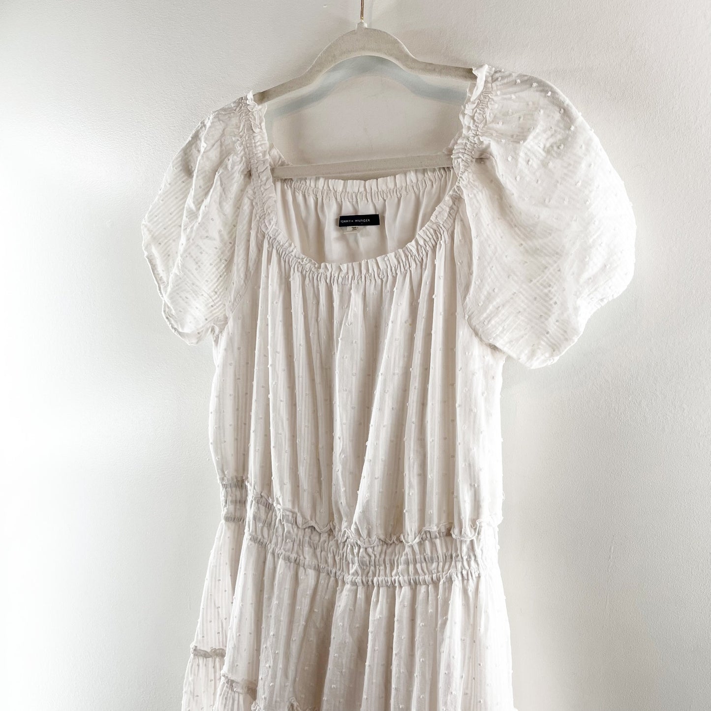 Tommy Hilfiger Cotton Puff Short Sleeve Tired Midi Dress White 10