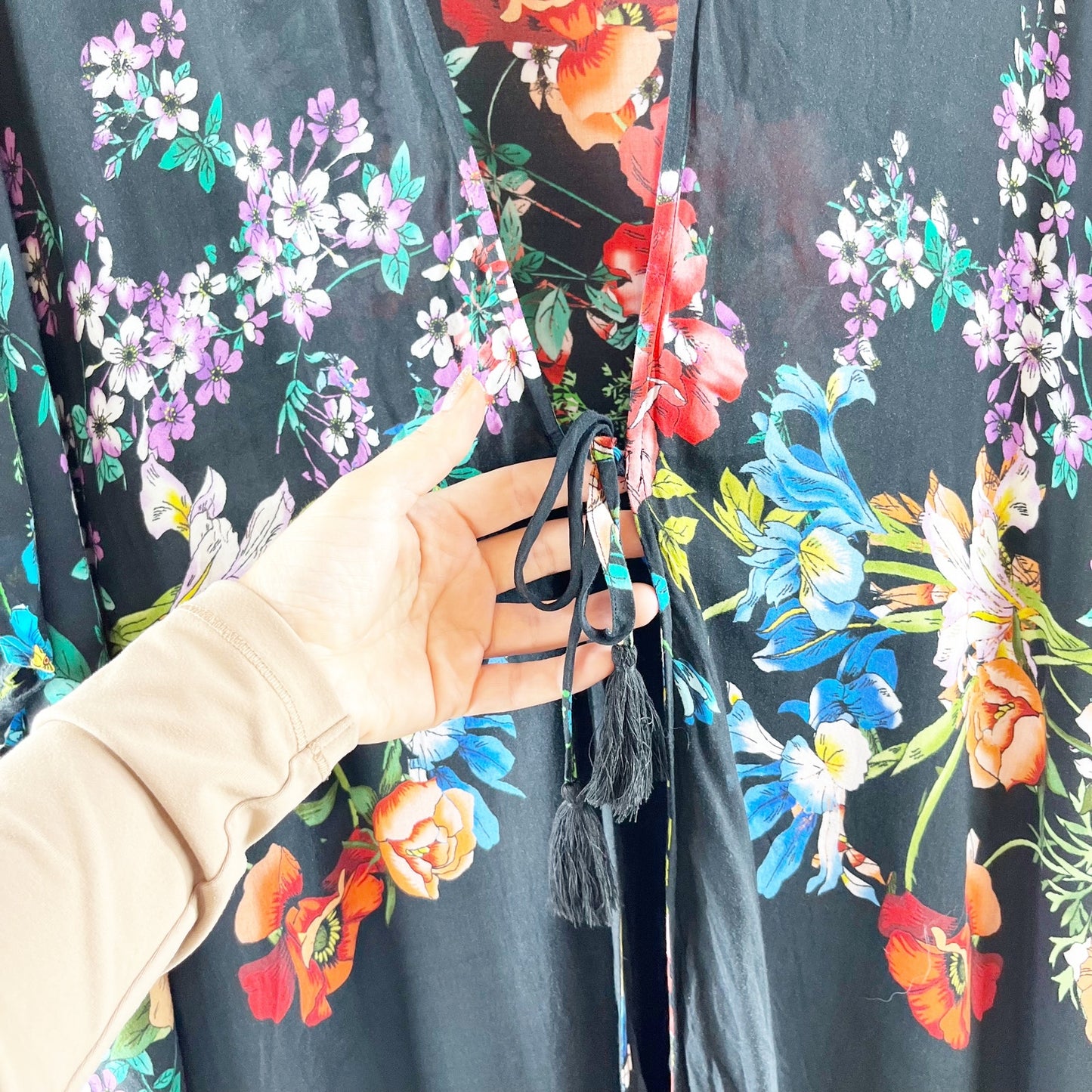 Johnny Was Flower Arch Short Sleeve Midi Kaftan Kimono Cover Up Dress Black S/M