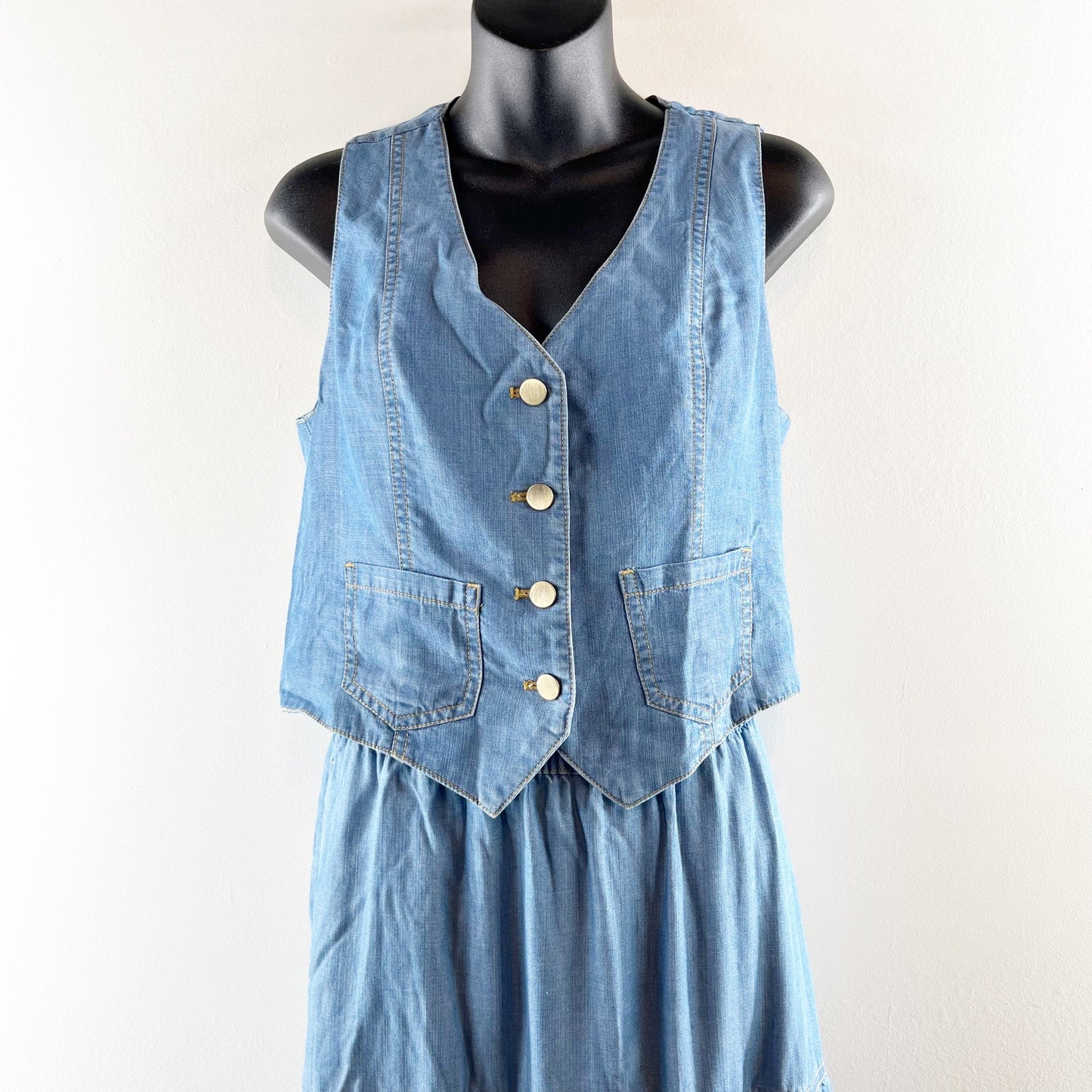Sigrid Olsen Denim Button Front Vest & Tiered Maxi Skirt Set Blue Medium