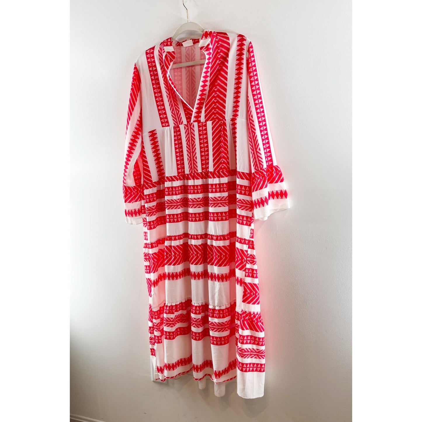 Silk & Salt V Neck Aztec Long Sleeve Midi Dress Red White Medium