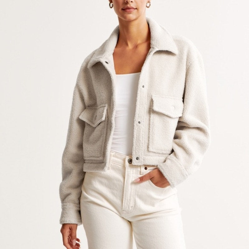 Abercrombie & Fitch Cropped Boxy Sherpa Shacket Jacket Cream Large