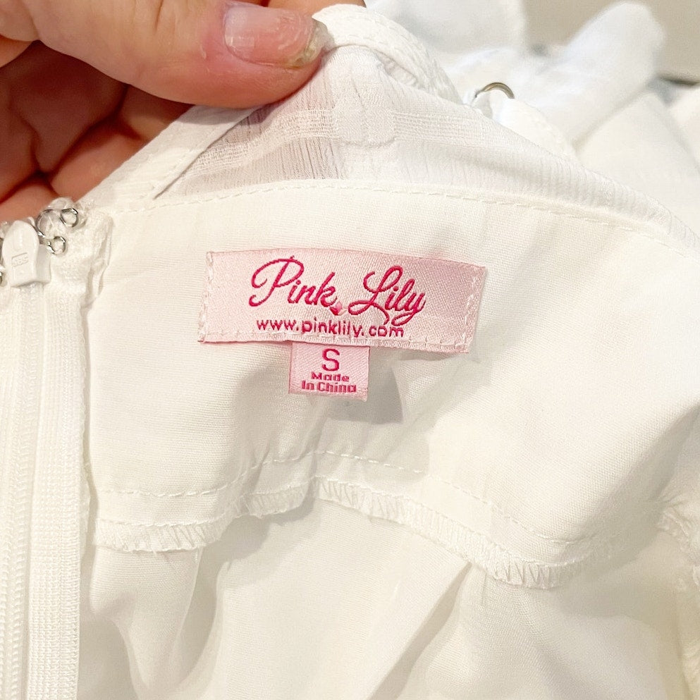 Pink Lily V Neck Ruffle Belted Tie Waist Romper White Small