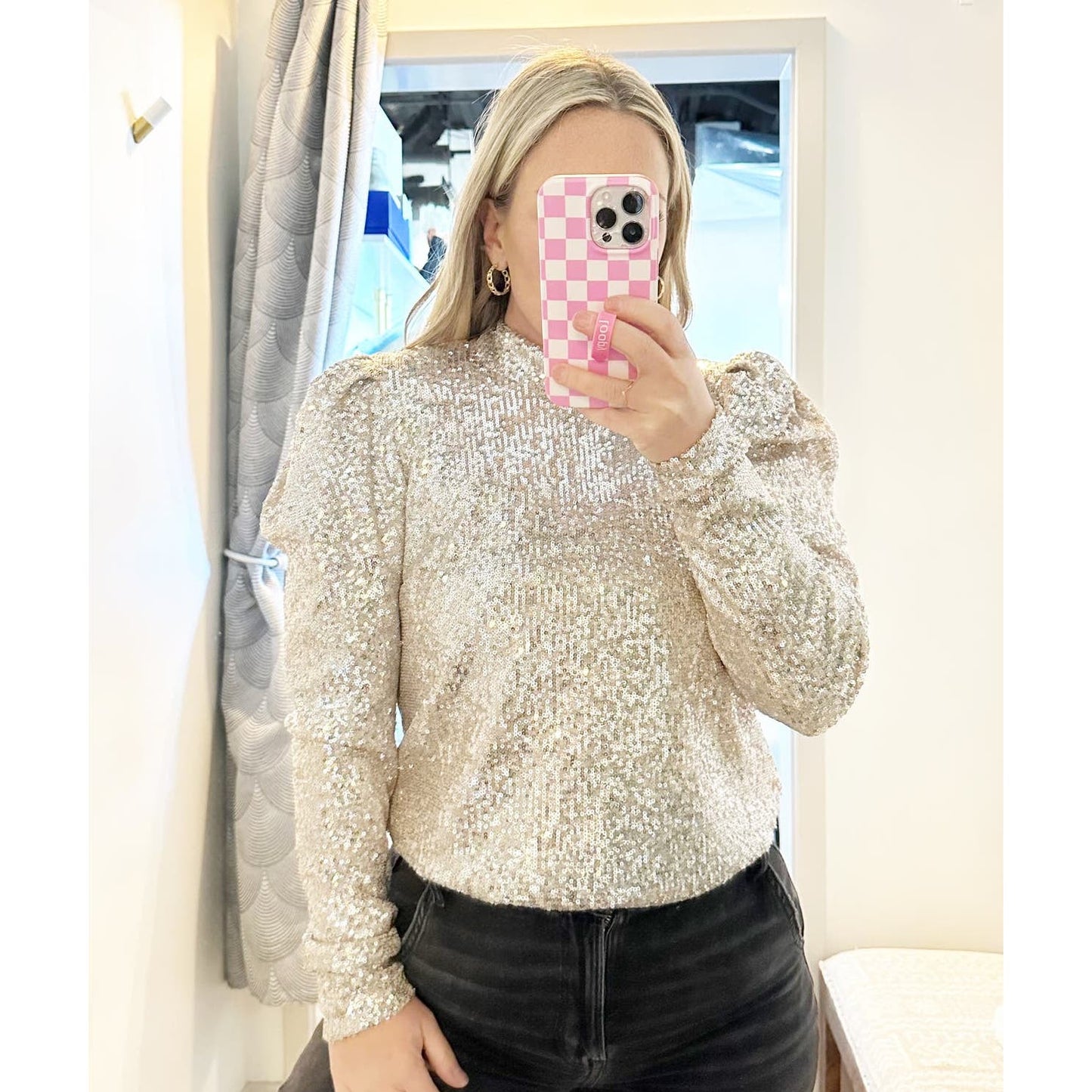 Rachel Zoe Puff Long Sleeve Sequin Open Back Thong Bodysuit Gold Large