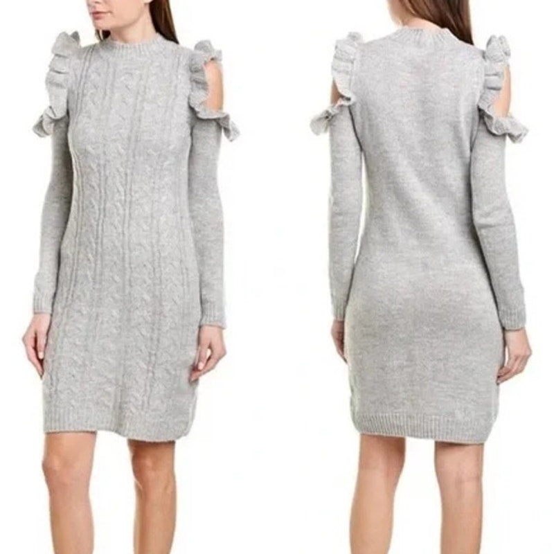 Wayf Mock Neck Cold Shoulder Cable Knit Mini Sweater Dress Oatmeal/Grey Medium