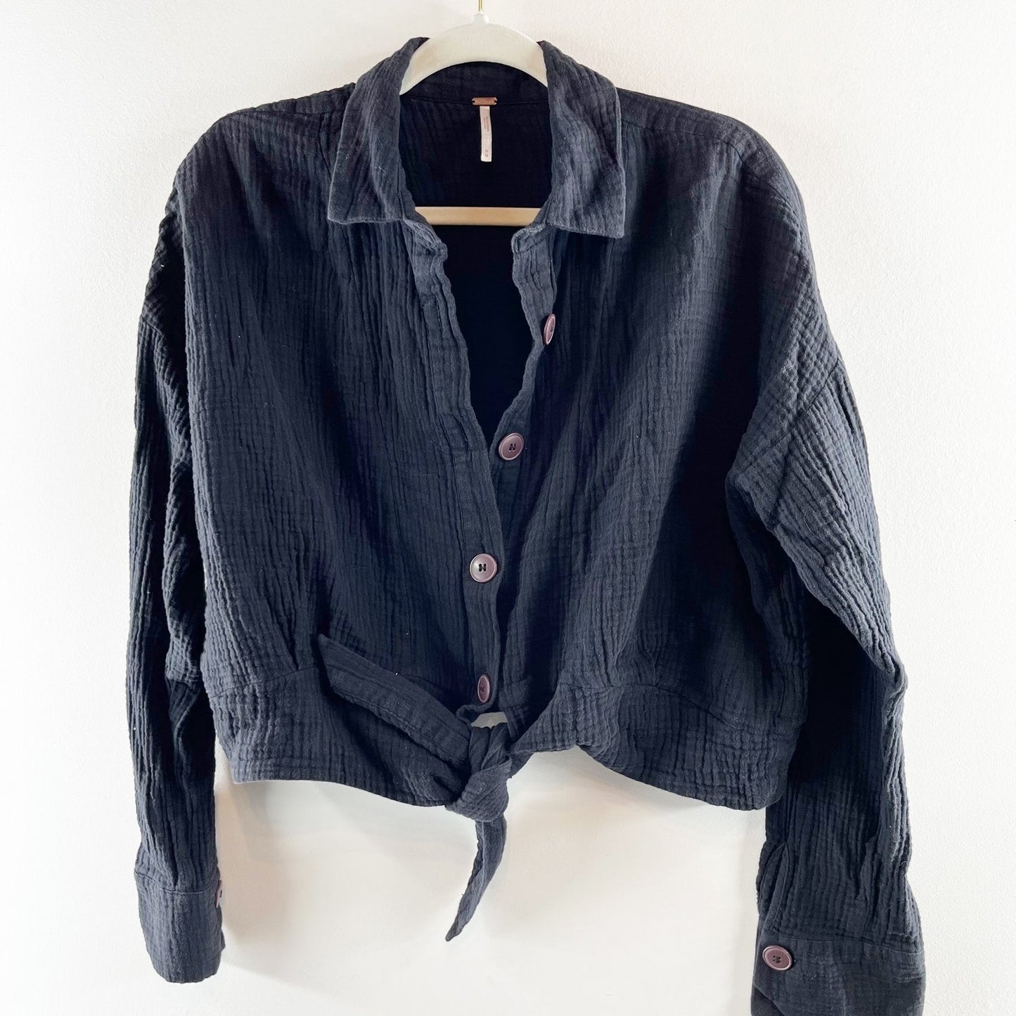 Free People Sun Streaks Long Sleeve Gauzy Cotton Button Up Shirt Black Medium