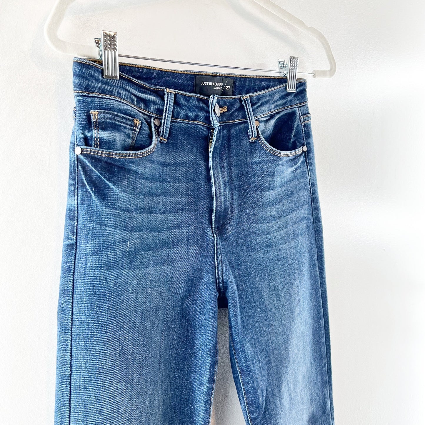 Just Black Denim The High Rise Fall Flare Raw Hem Dark Wash Jeans Blue 27