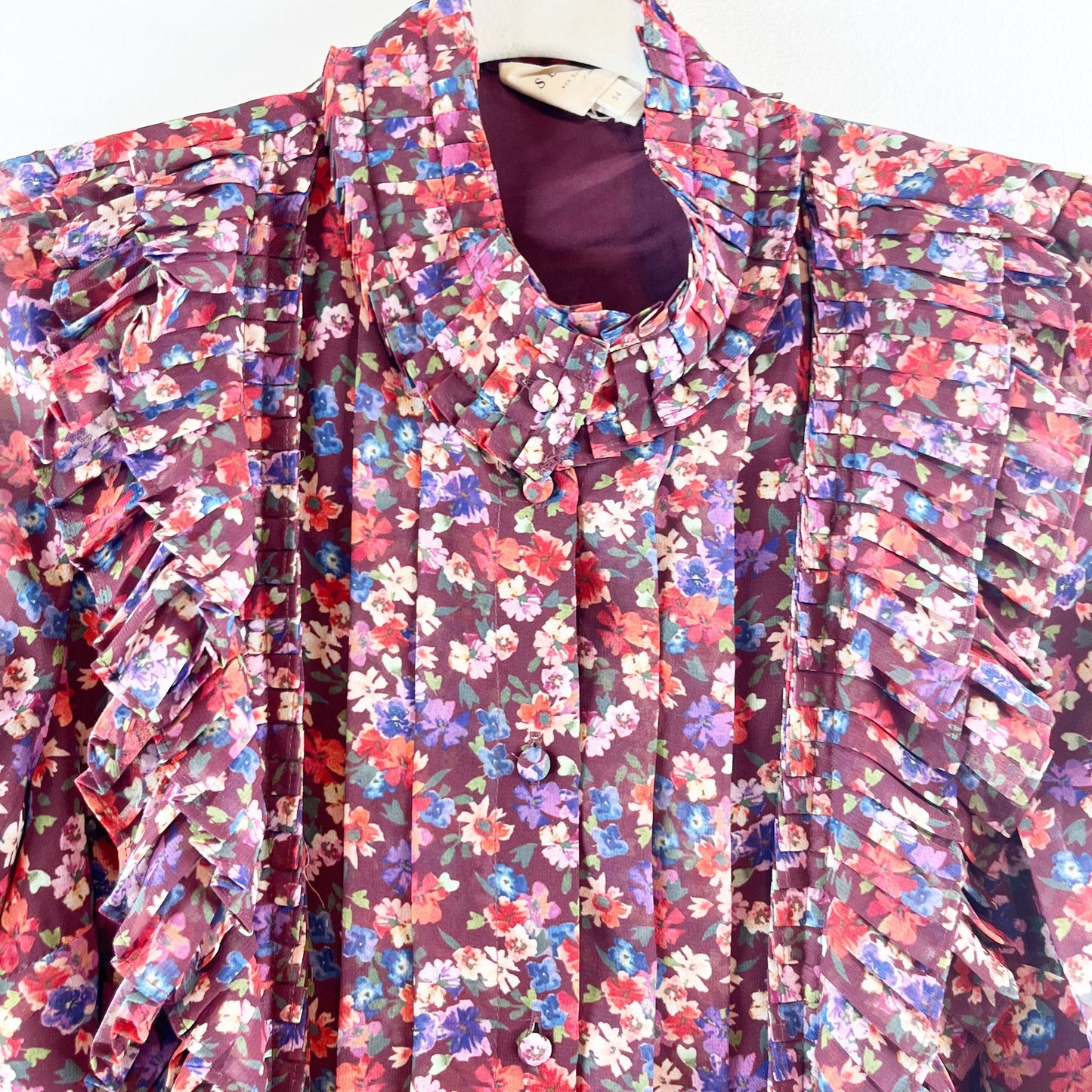 Sezane Dany Button Up Shirt Blouse Floral Ruffle Long Sleeve Purple 34 / US 2-4