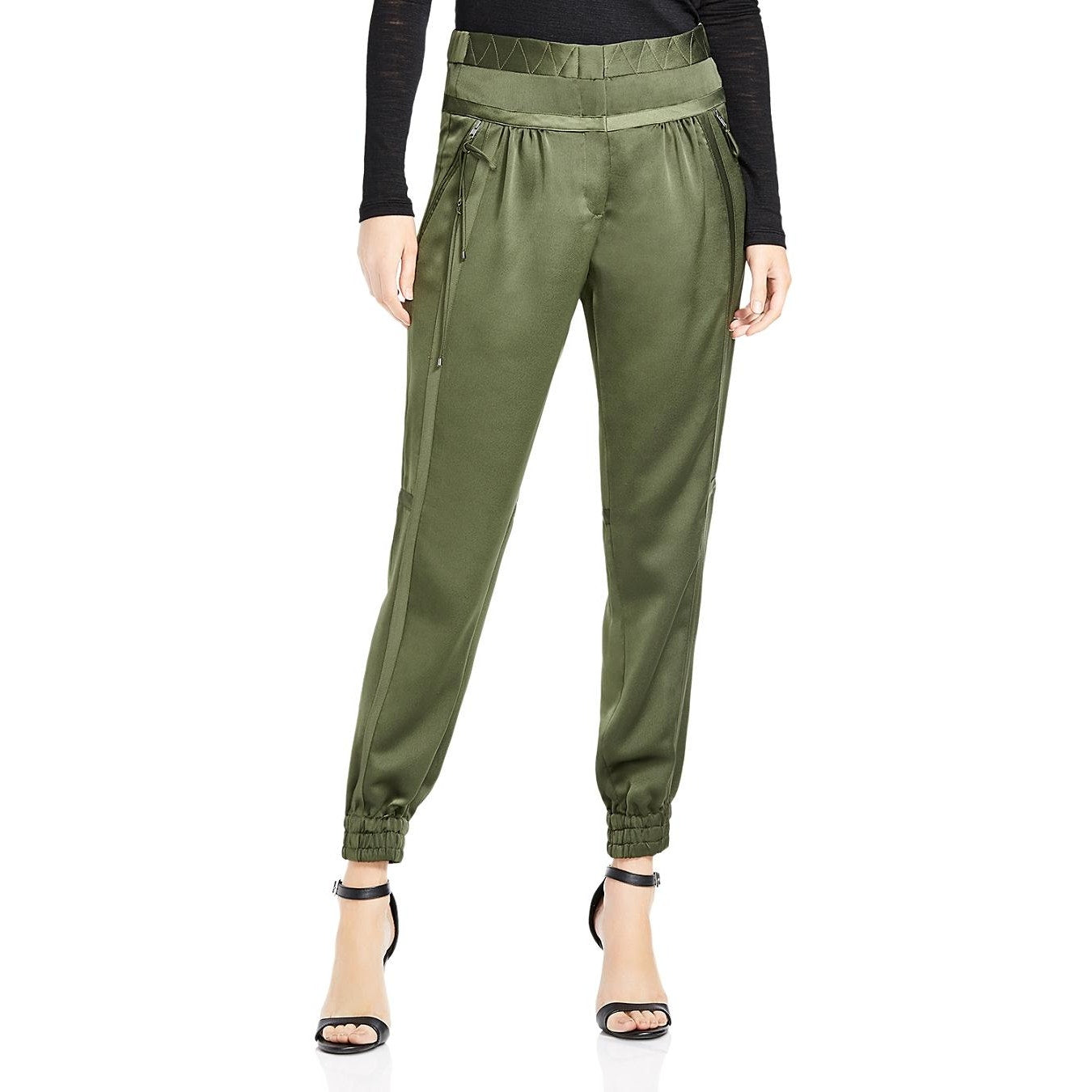 Halston Heritage Satin High Waisted Tapered Leg Joggers Pants Dark Forest Green