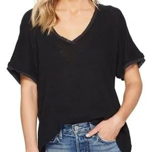 Free People Short Sleeve V Neck Linen Tee Shirt Top Black Small