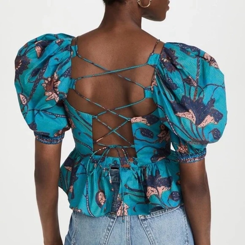 Ulla Johnson Carlotta Puff Short Sleeve Peplum Floral Cropped Top Blue Teal 2