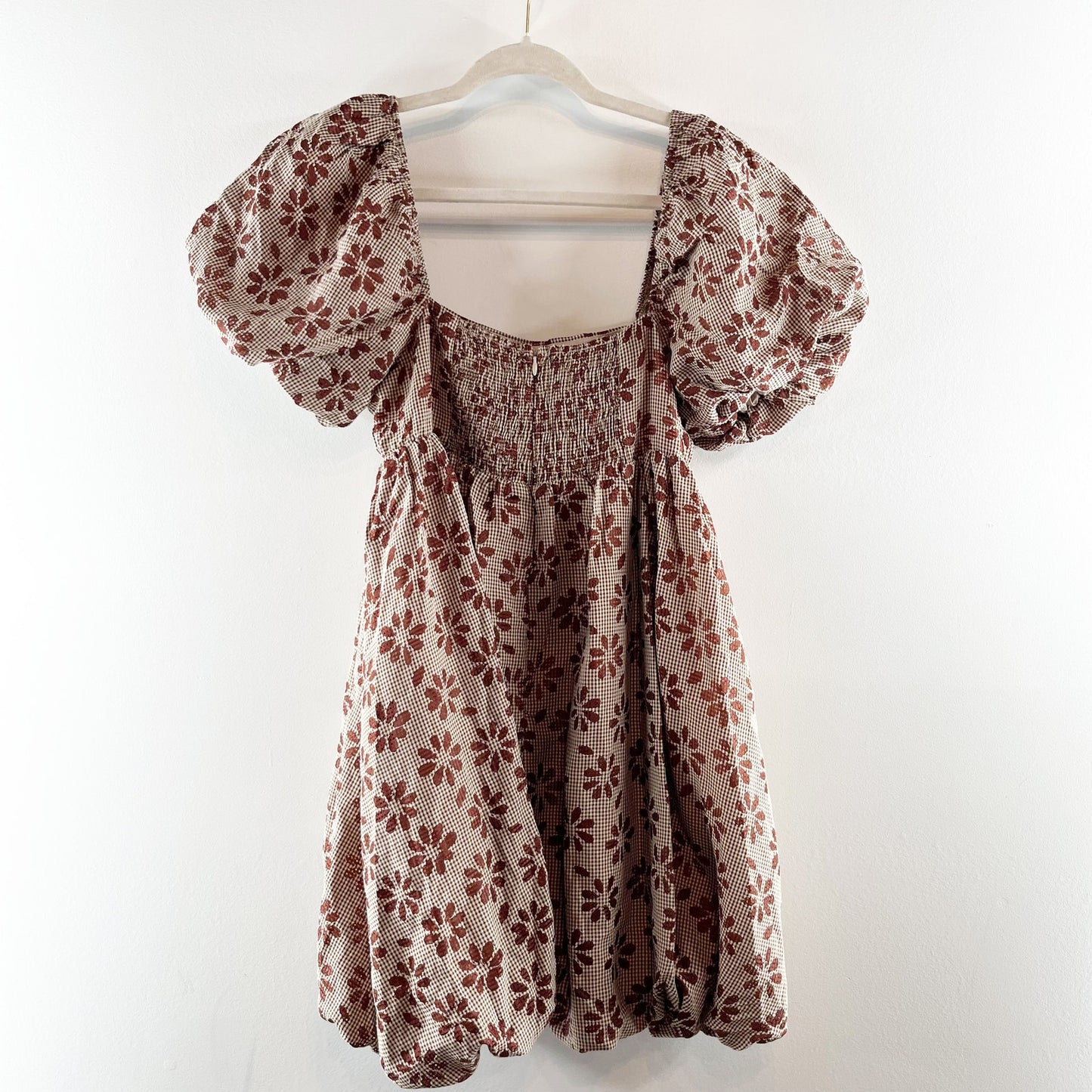 Storia Short Puff Sleeve Square Neck Floral Daisy Bubble Hem Mini Dress Brown M