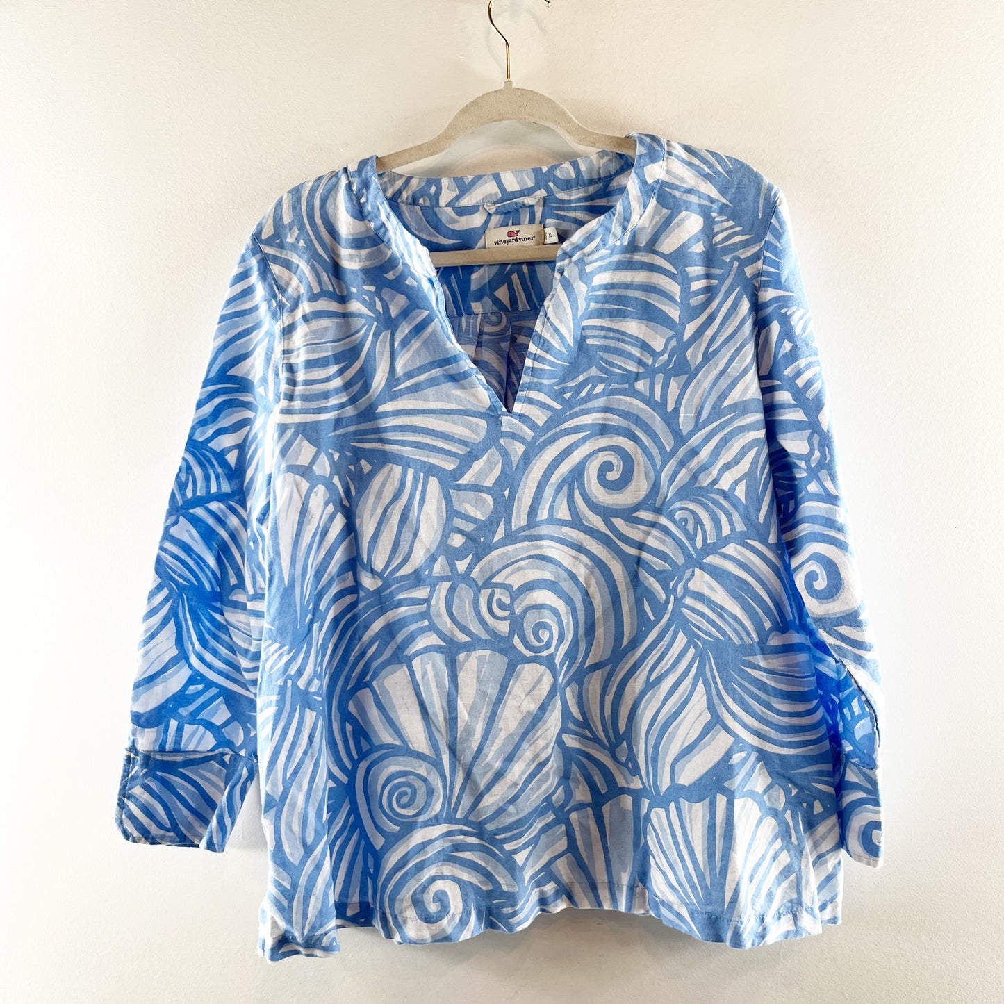 Vineyard Vines Blue and White Nautilus Shell Print Linen Blend Tunic Top XL