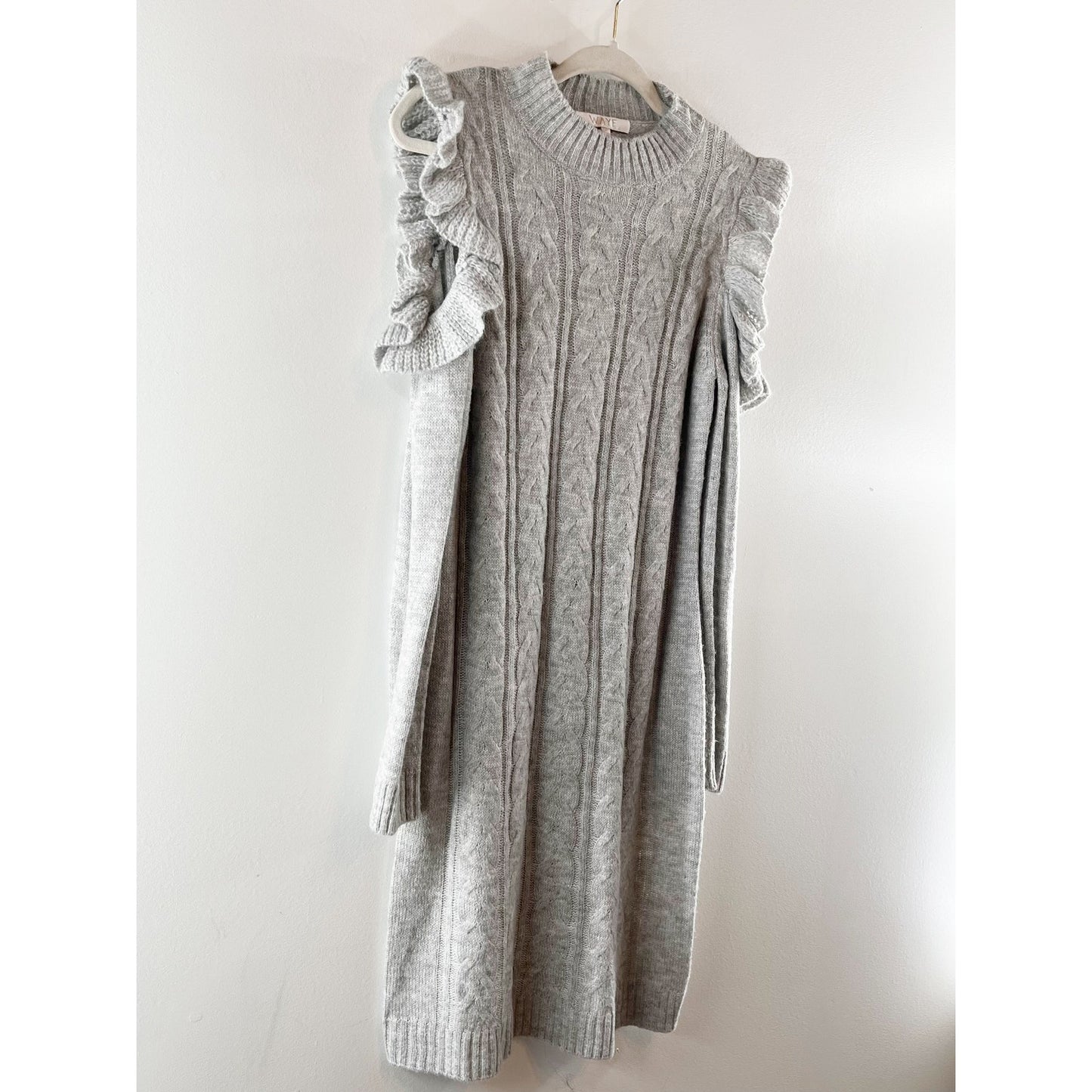 Wayf Mock Neck Cold Shoulder Cable Knit Mini Sweater Dress Oatmeal/Grey Medium