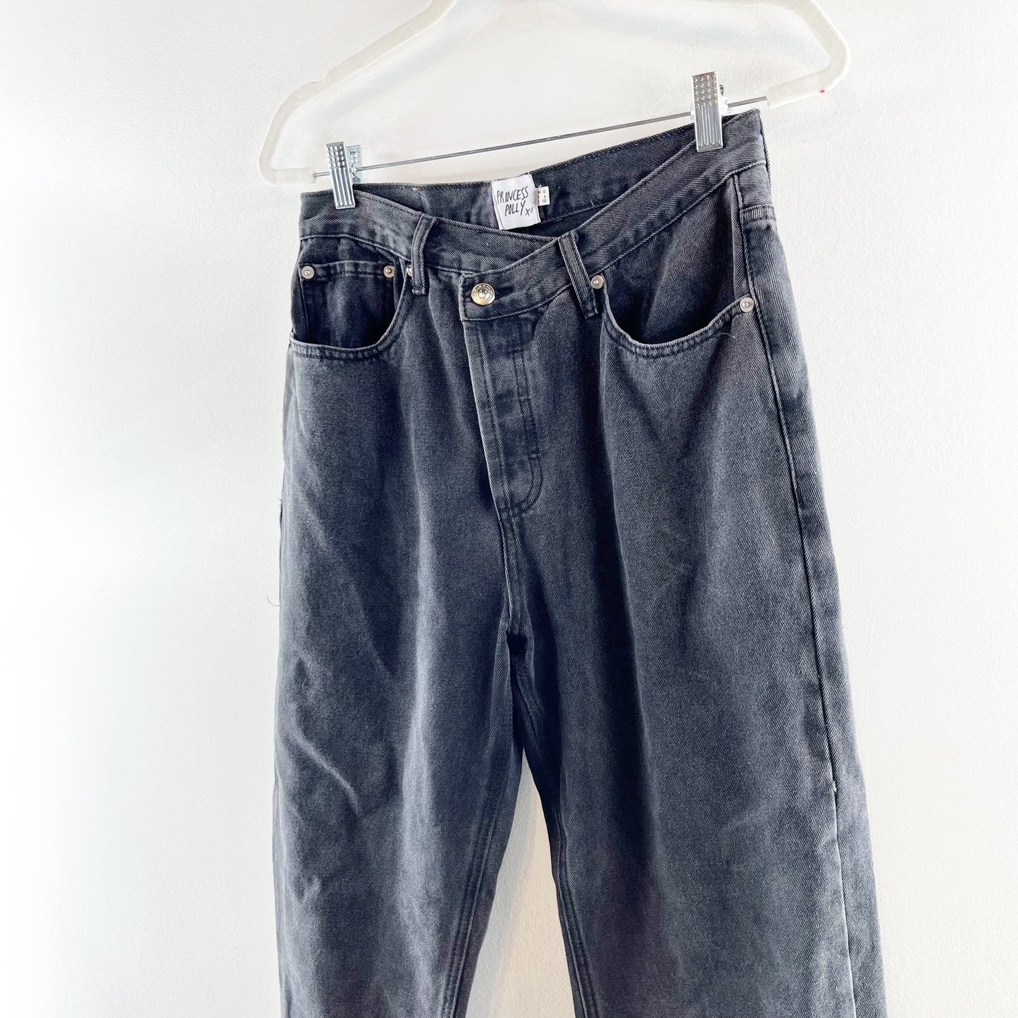 Princess Polly High Rise Crossover Waist Button Fly Straight Leg Jeans Black 6