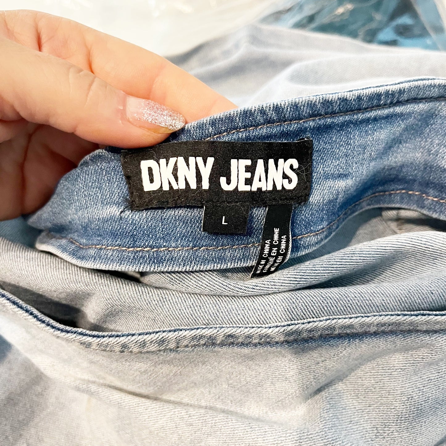 DKNY Ruched Side Button High Rise Mini Denim Jean Skirt Blue Large