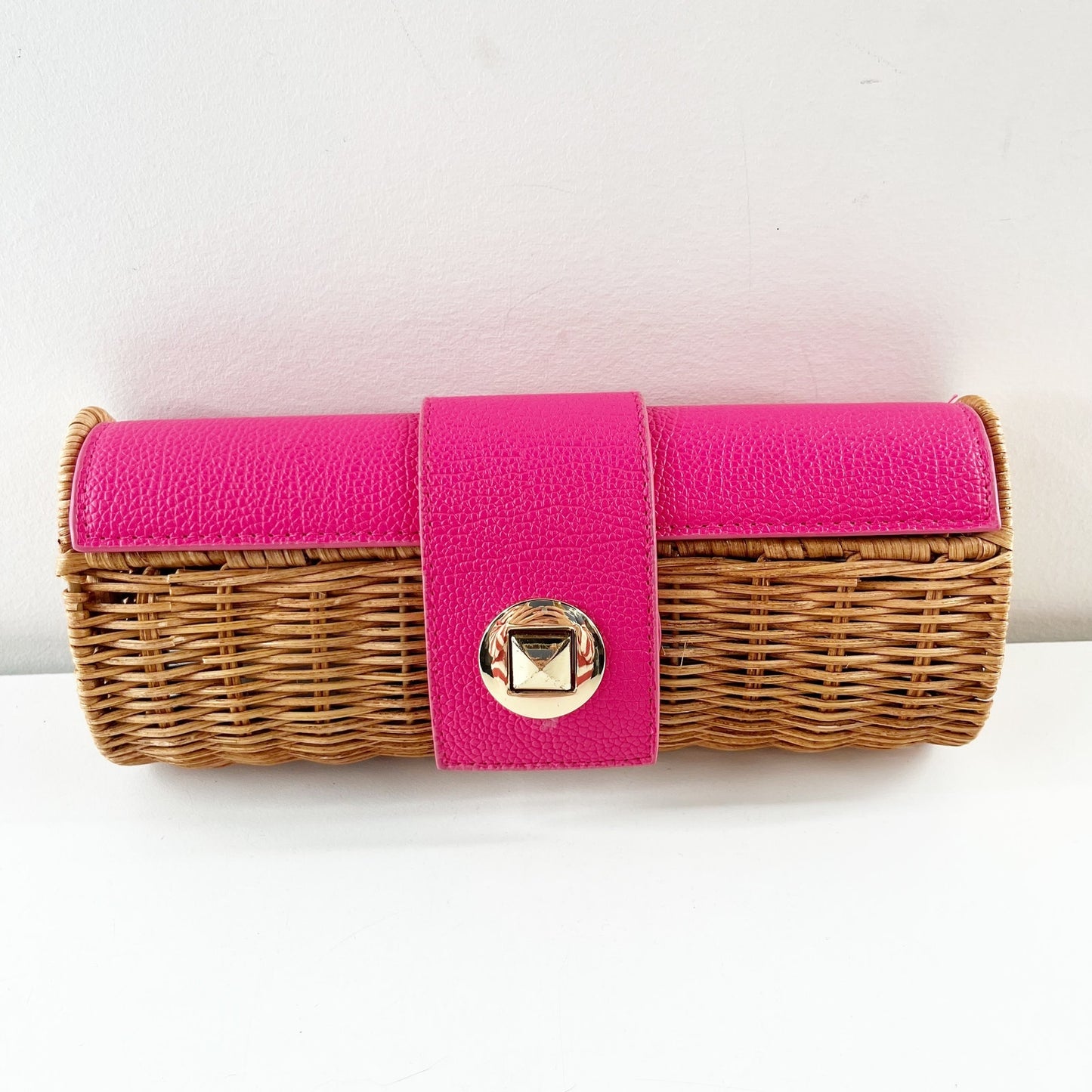 Mud Pie Wicker Rattan Straw Clutch Wallet Pink Brown