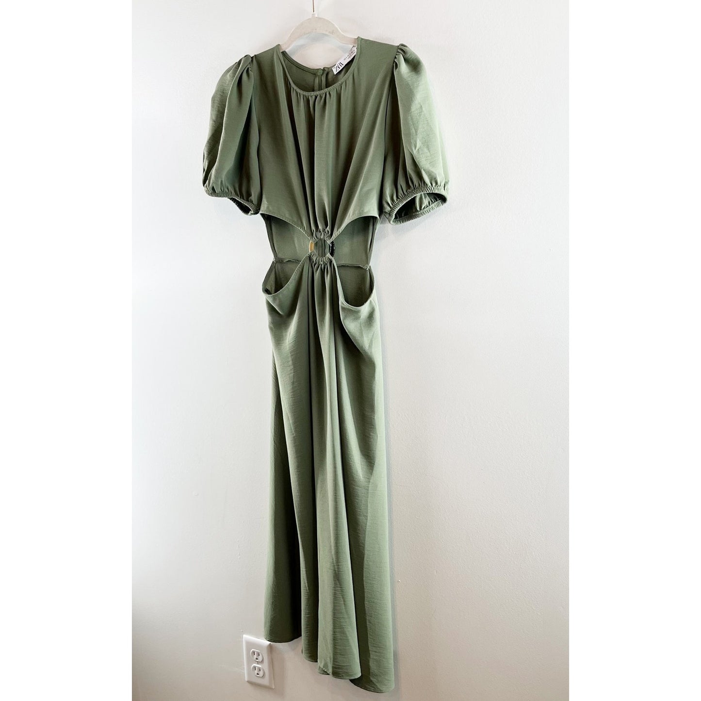 Zara Short Puff Sleeve Round Neck Cut Out A-Line Midi Dress Green Small