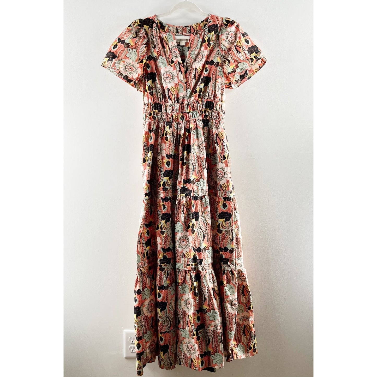 Maeve Anthropologie The Somerset Short Sleeve Cotton Maxi Dress Floral Brown XS