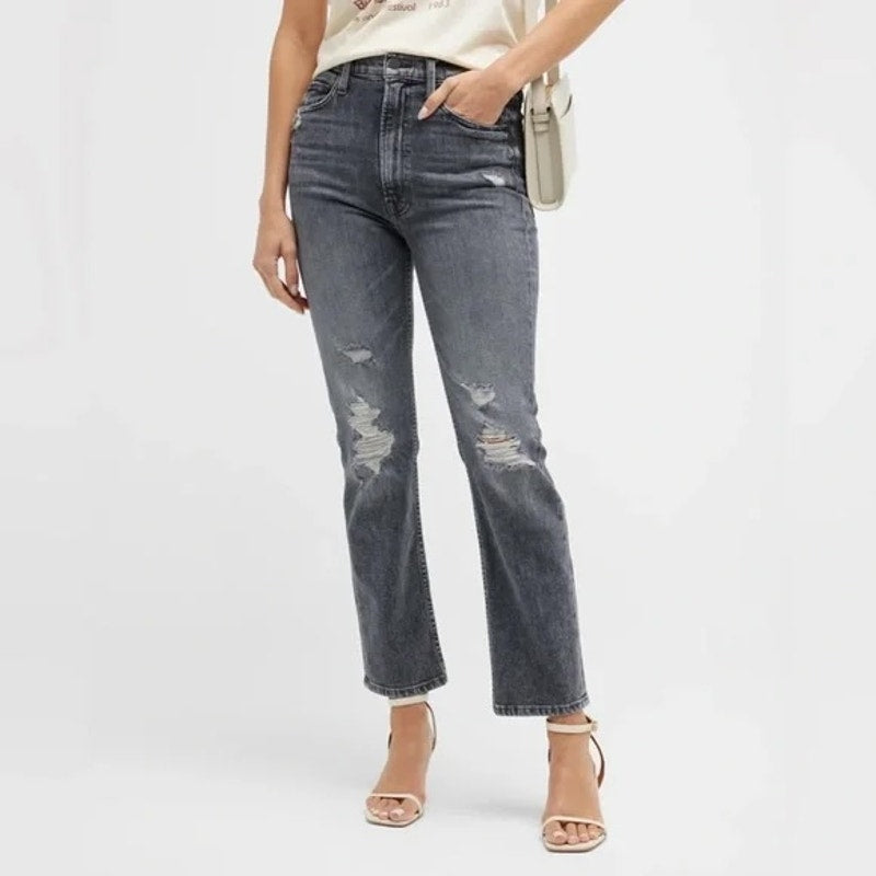 Mother High Waisted Rider Ankle Distressed Jeans After Midnight With Molly Black
