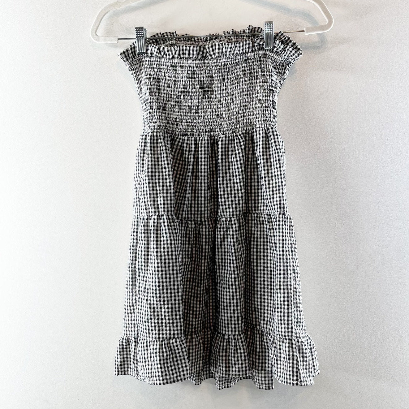Goodnight Macaroon Strapless Smocked Bodice Tiered Gingham Mini Dress Black S