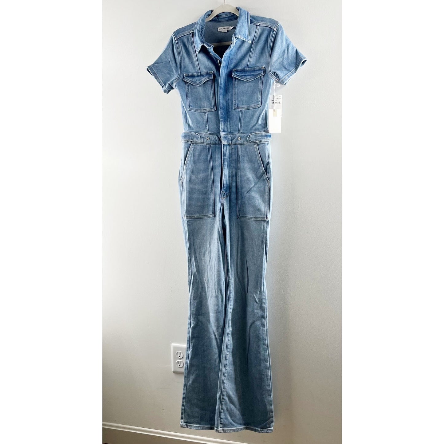 Good American Fit For Success Short Sleeve Bootcut Denim Jumpsuit Blue L
