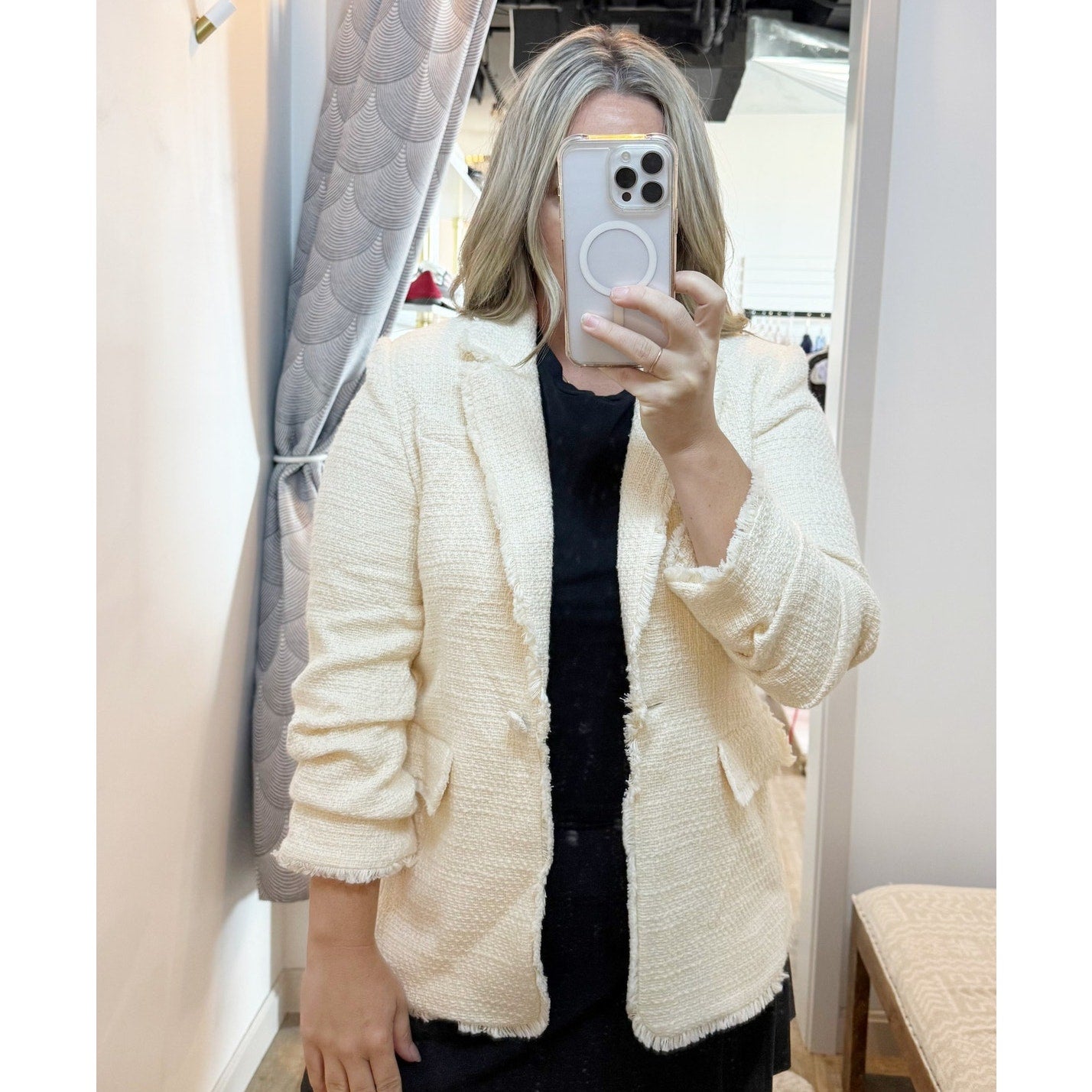 Elie Tahari Tweed Fringe Single Button Ruched Sleeve Blazer Jacket Cream 8