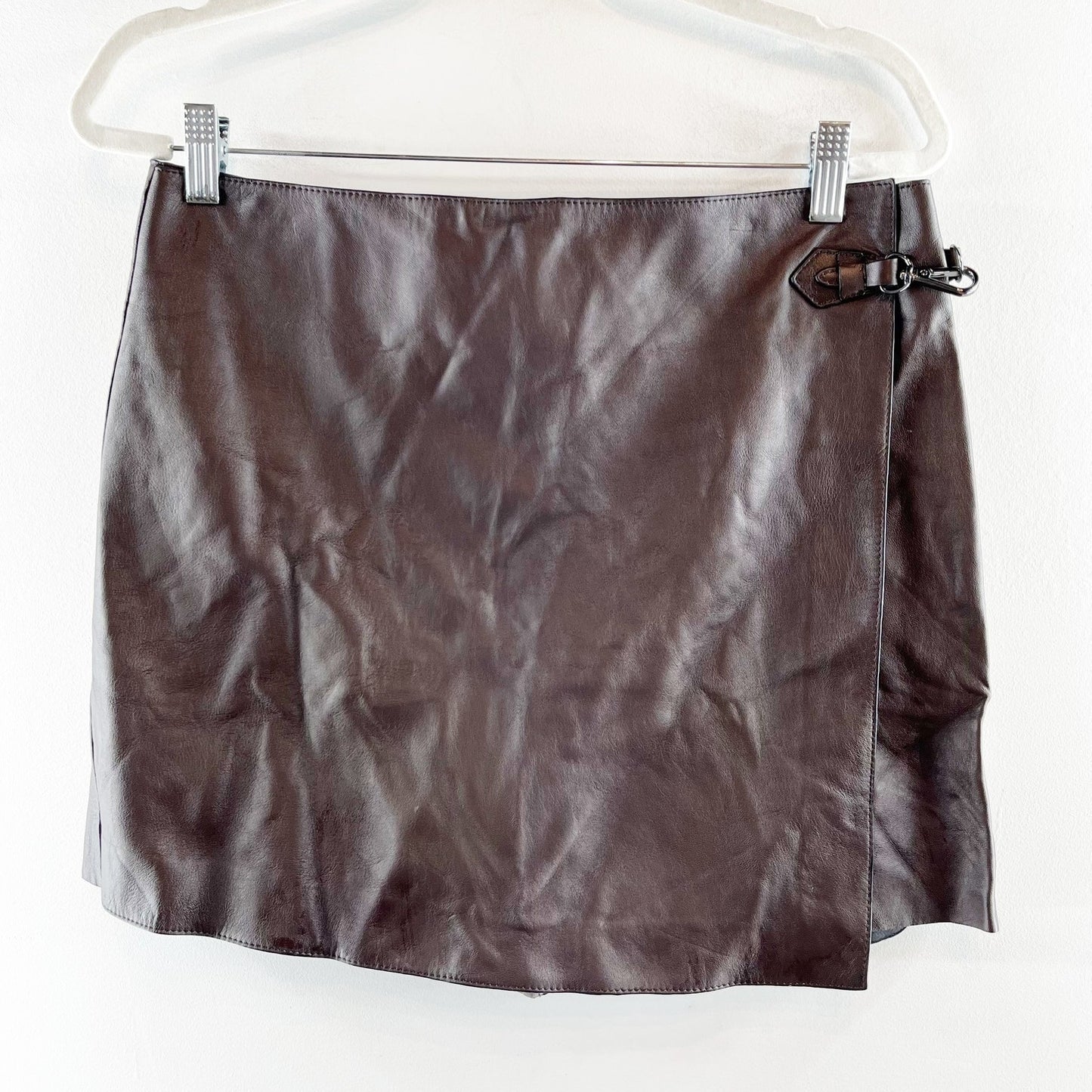 Massimo Dutti Nappa Leather Wrap Mini Skirt Skort Brown Large